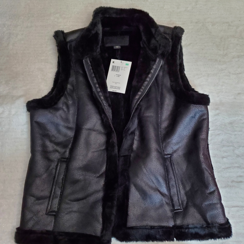 Jaclyn Smith Black Faux Leather & Faux Fur Vest